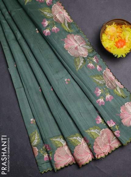 Semi raw silk saree green shade with embroidery buttas and floral embroidery border