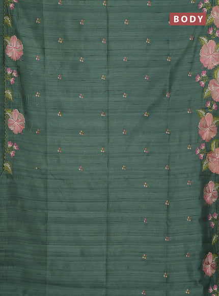 Semi raw silk saree green shade with embroidery buttas and floral embroidery border