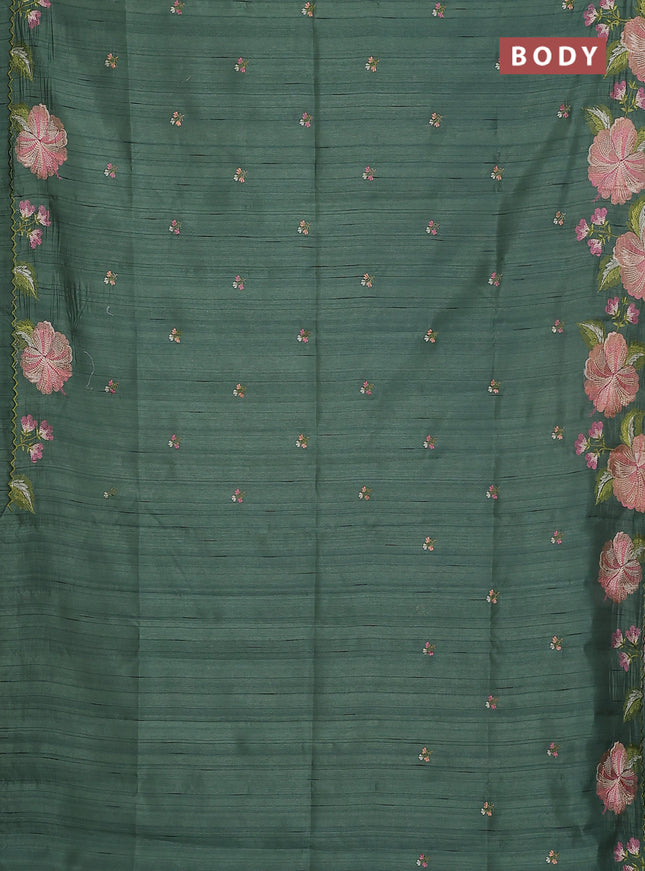 Semi raw silk saree green shade with embroidery buttas and floral embroidery border