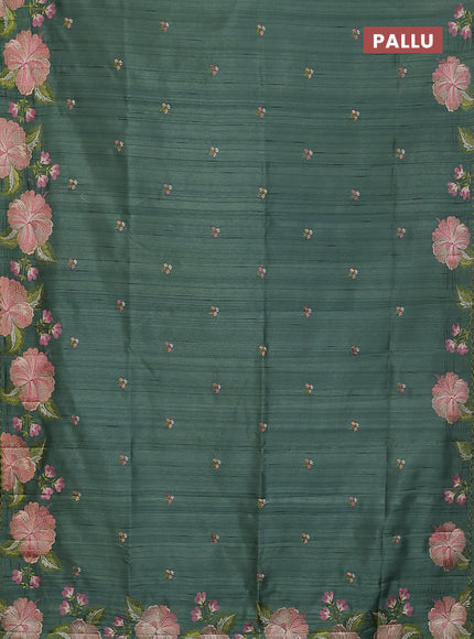 Semi raw silk saree green shade with embroidery buttas and floral embroidery border