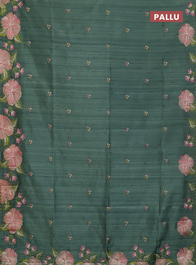 Semi raw silk saree green shade with embroidery buttas and floral embroidery border