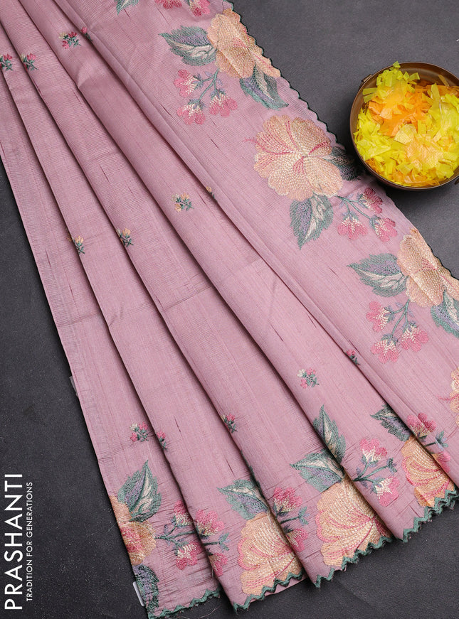 Semi raw silk saree pastel pink with embroidery buttas and floral embroidery border