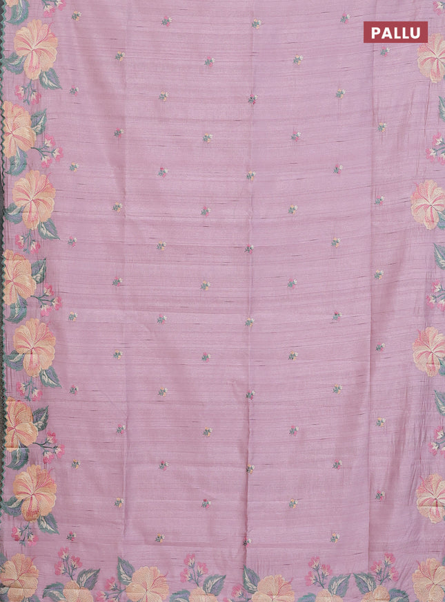 Semi raw silk saree pastel pink with embroidery buttas and floral embroidery border