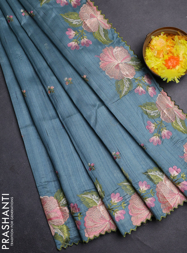 Semi raw silk saree pastel blue shade with embroidery buttas and floral embroidery border