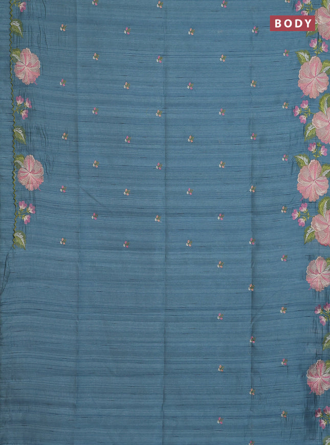 Semi raw silk saree pastel blue shade with embroidery buttas and floral embroidery border