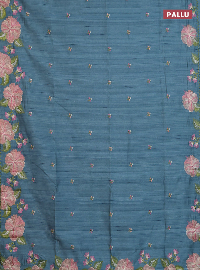 Semi raw silk saree pastel blue shade with embroidery buttas and floral embroidery border