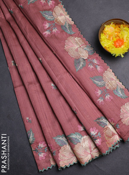 Semi raw silk saree brown with embroidery buttas and floral embroidery border