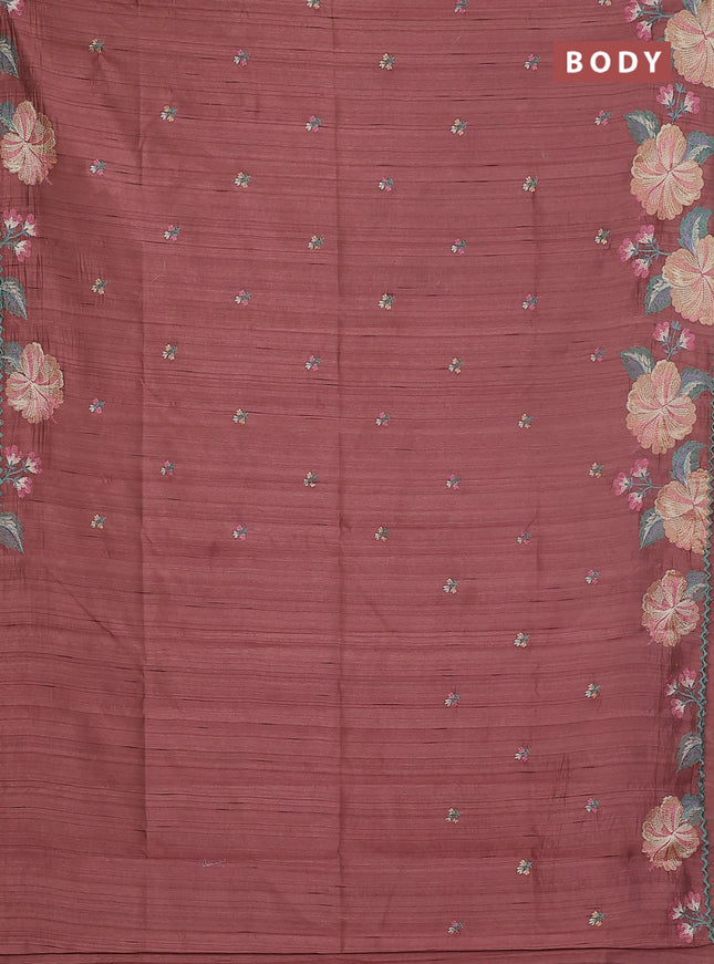 Semi raw silk saree brown with embroidery buttas and floral embroidery border