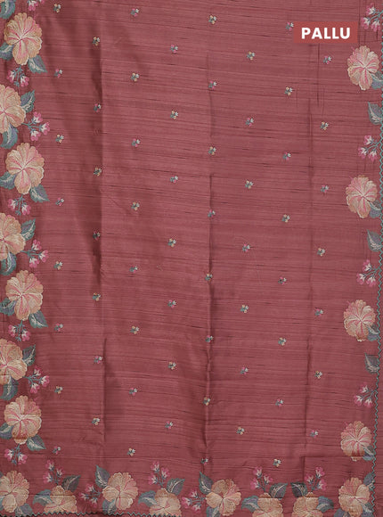 Semi raw silk saree brown with embroidery buttas and floral embroidery border