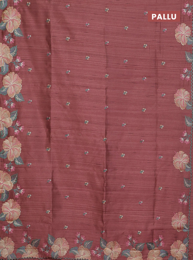 Semi raw silk saree brown with embroidery buttas and floral embroidery border