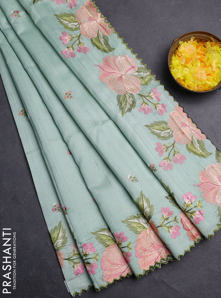 Semi raw silk saree pastel green with embroidery buttas and floral embroidery border