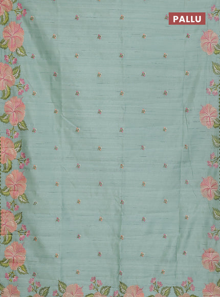 Semi raw silk saree pastel green with embroidery buttas and floral embroidery border