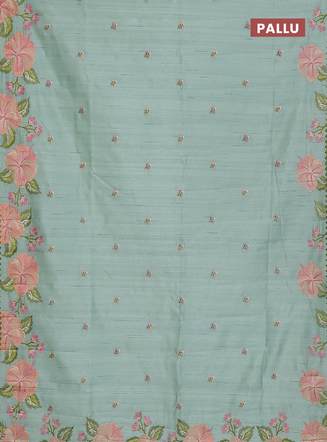 Semi raw silk saree pastel green with embroidery buttas and floral embroidery border