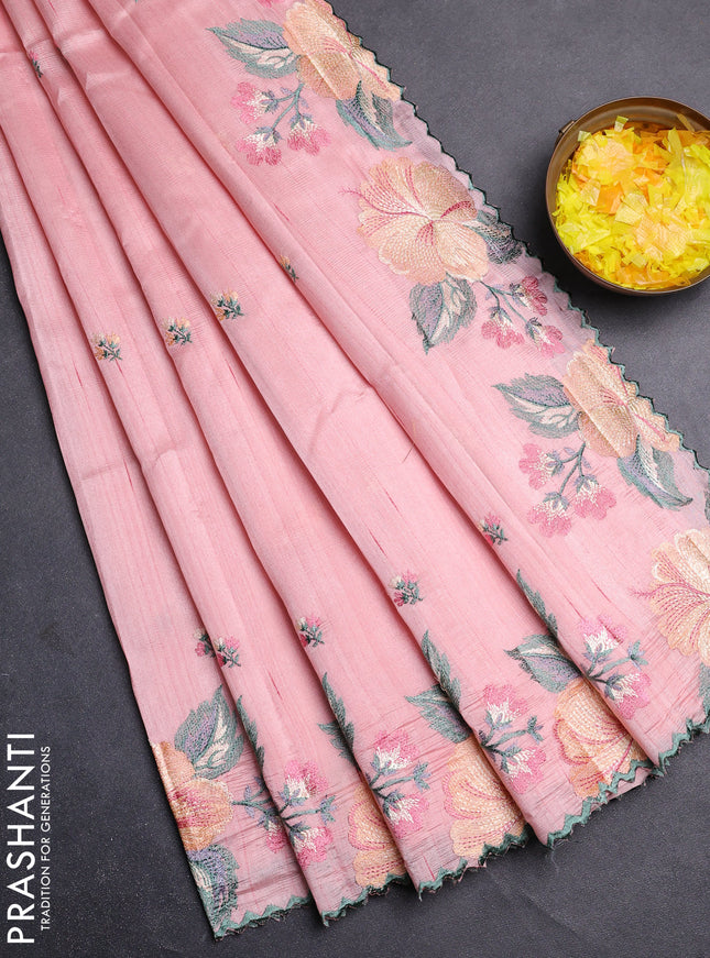 Semi raw silk saree mild peach with embroidery buttas and floral embroidery border
