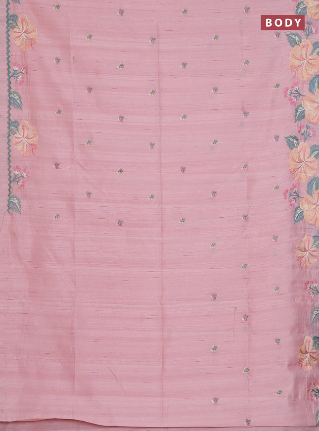 Semi raw silk saree mild peach with embroidery buttas and floral embroidery border