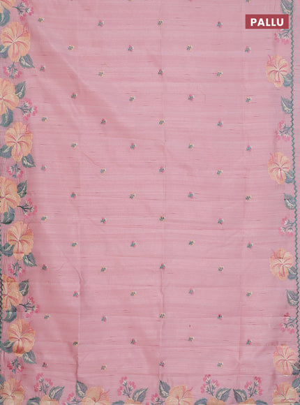 Semi raw silk saree mild peach with embroidery buttas and floral embroidery border