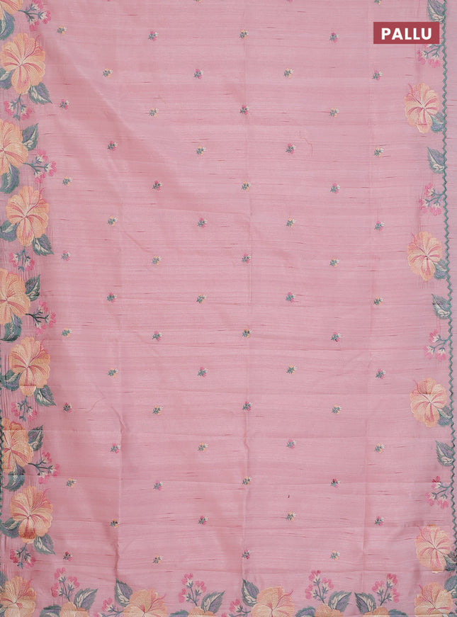 Semi raw silk saree mild peach with embroidery buttas and floral embroidery border