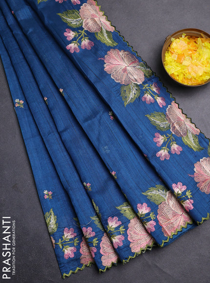 Semi raw silk saree peacock blue with embroidery buttas and floral embroidery border