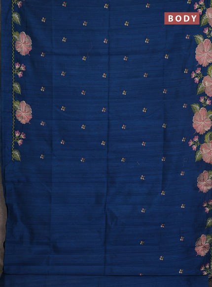 Semi raw silk saree peacock blue with embroidery buttas and floral embroidery border