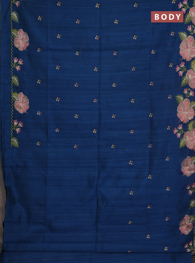 Semi raw silk saree peacock blue with embroidery buttas and floral embroidery border