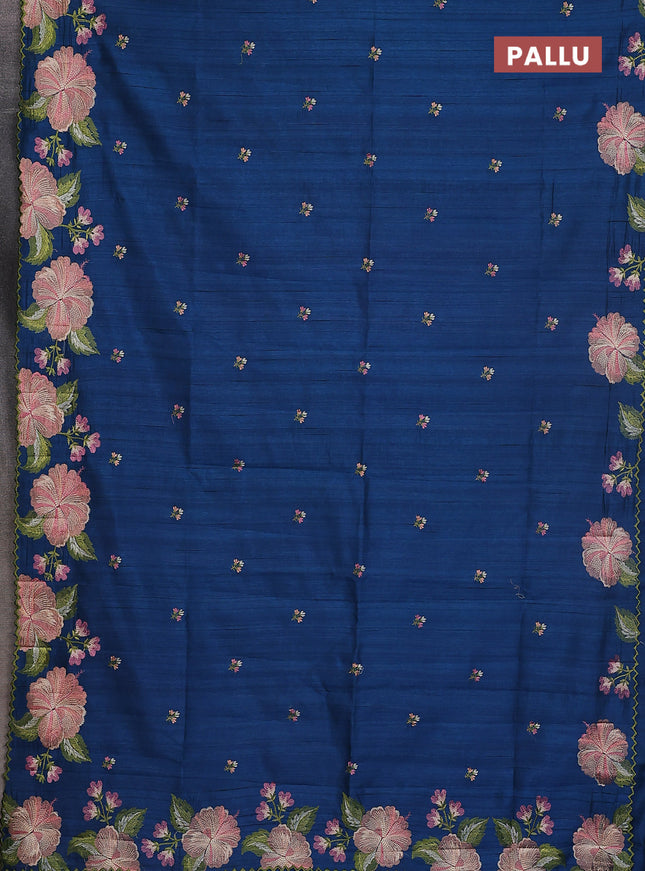 Semi raw silk saree peacock blue with embroidery buttas and floral embroidery border