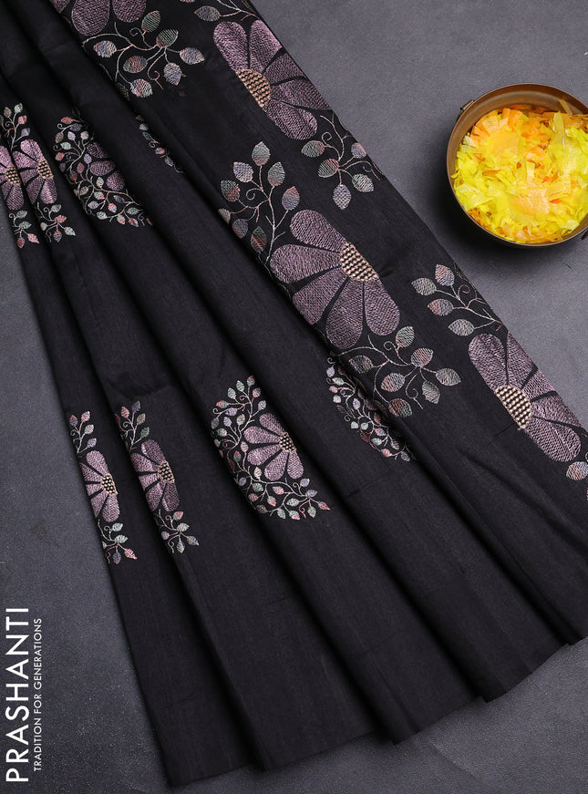 Semi raw silk saree black with embroidery buttas in borderless style