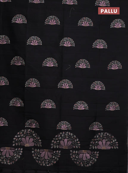 Semi raw silk saree black with embroidery buttas in borderless style