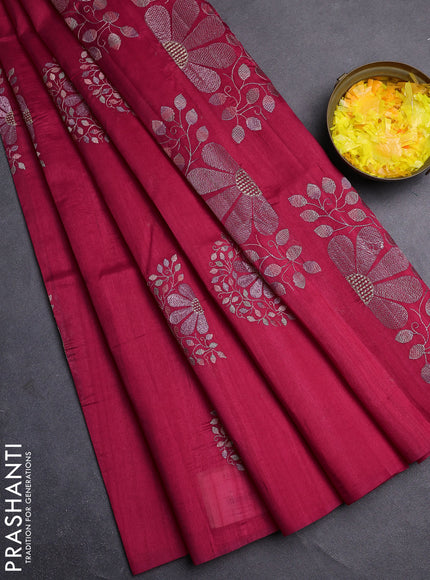 Semi raw silk saree pink with embroidery buttas in borderless style