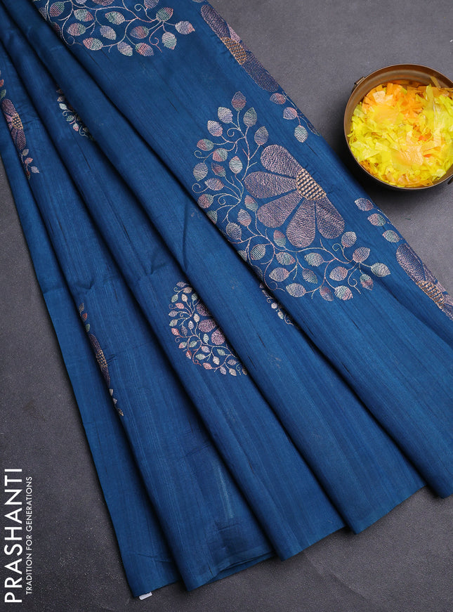 Semi raw silk saree peackoe blue with embroidery buttas in borderless style