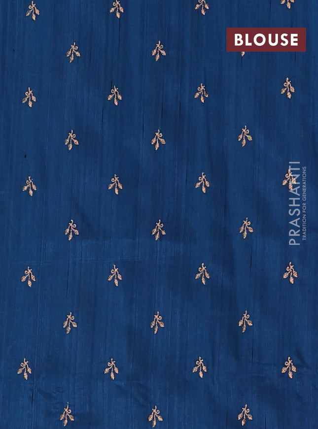 Semi raw silk saree peackoe blue with embroidery buttas in borderless style
