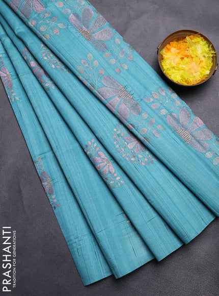 Semi raw silk saree teal blue with embroidery buttas in borderless style