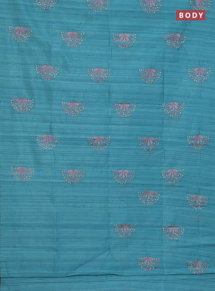 Semi raw silk saree teal blue with embroidery buttas in borderless style
