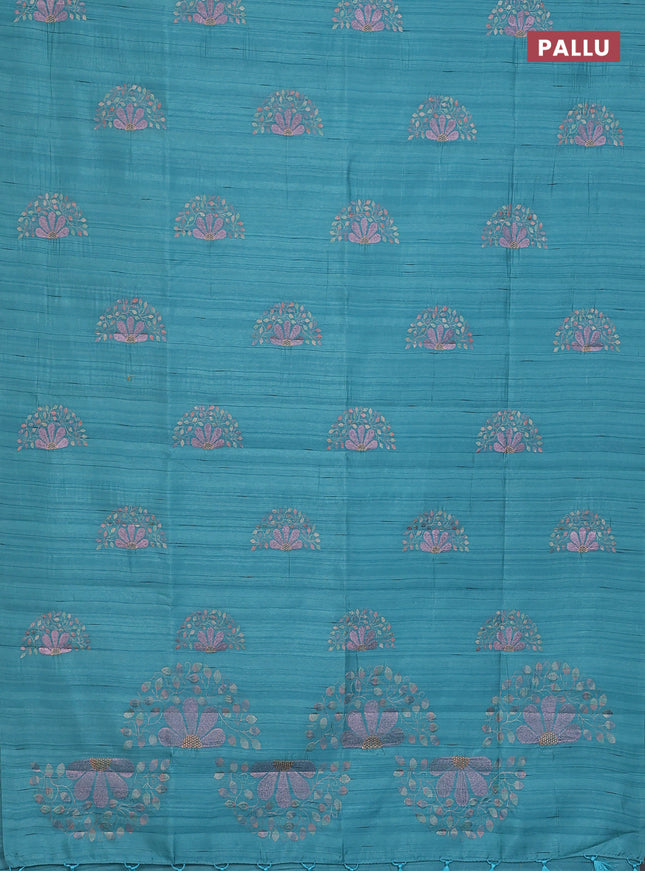 Semi raw silk saree teal blue with embroidery buttas in borderless style