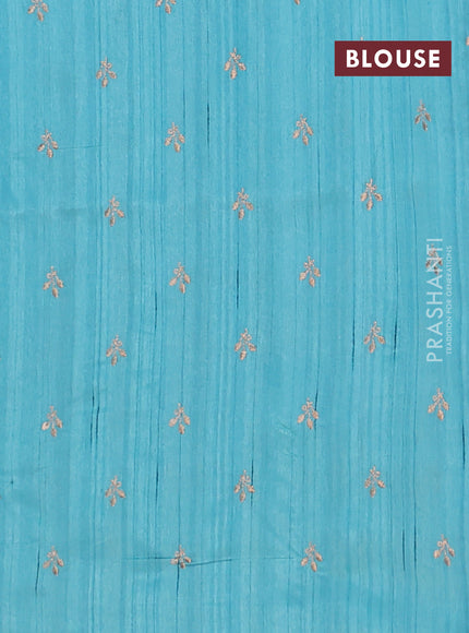 Semi raw silk saree teal blue with embroidery buttas in borderless style