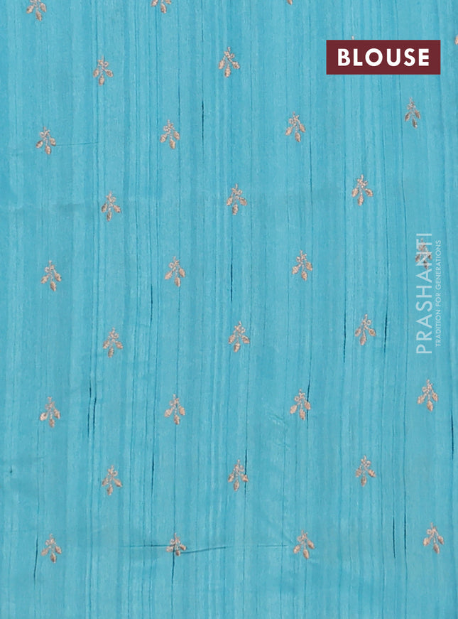 Semi raw silk saree teal blue with embroidery buttas in borderless style