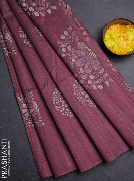 Semi raw silk saree rosy brown with embroidery buttas in borderless style