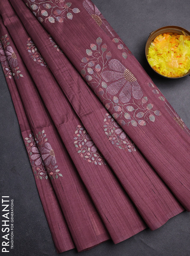 Semi raw silk saree rosy brown with embroidery buttas in borderless style