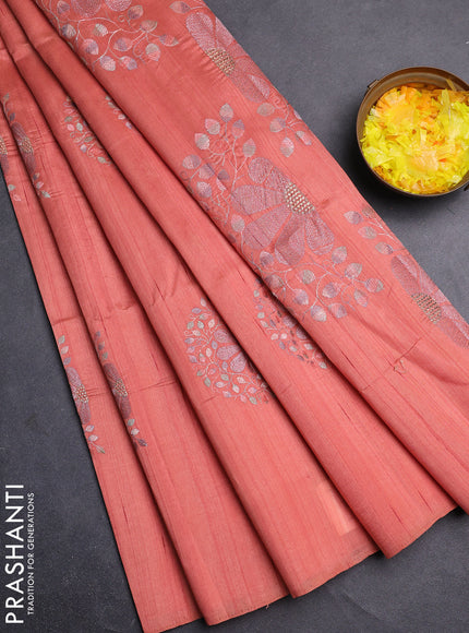 Semi raw silk saree peach orange with embroidery buttas in borderless style