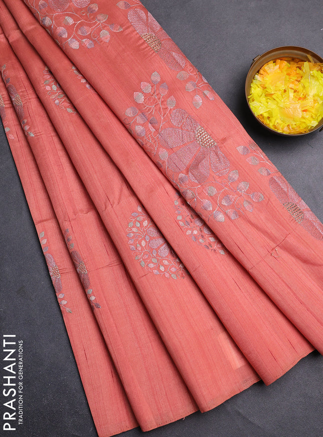Semi raw silk saree peach orange with embroidery buttas in borderless style