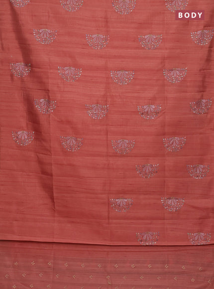 Semi raw silk saree peach orange with embroidery buttas in borderless style