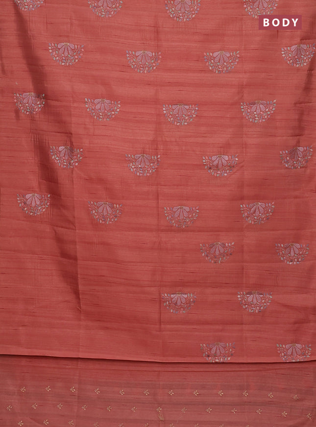 Semi raw silk saree peach orange with embroidery buttas in borderless style