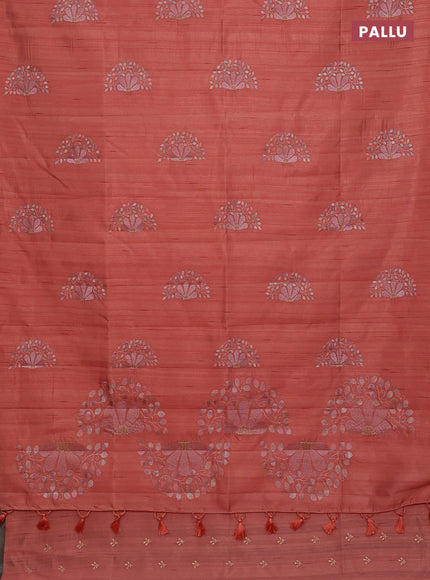 Semi raw silk saree peach orange with embroidery buttas in borderless style