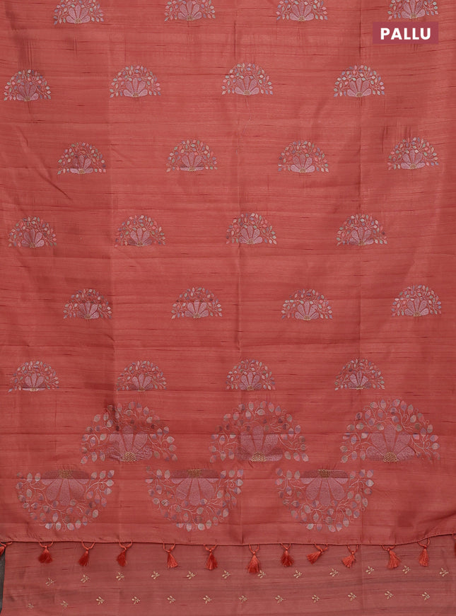 Semi raw silk saree peach orange with embroidery buttas in borderless style