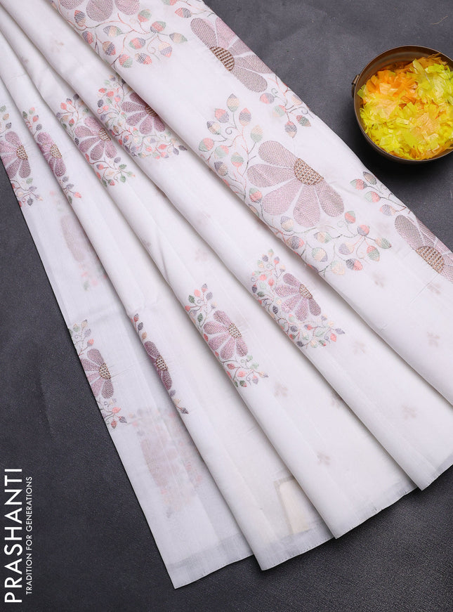 Semi raw silk saree off white with embroidery buttas in borderless style