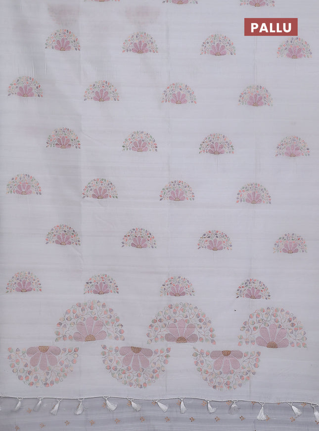 Semi raw silk saree off white with embroidery buttas in borderless style