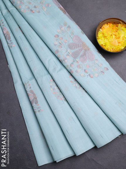 Semi raw silk saree teal blue with embroidery buttas in borderless style