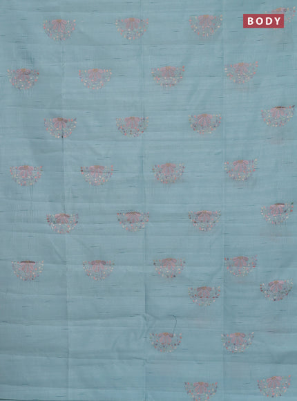 Semi raw silk saree teal blue with embroidery buttas in borderless style