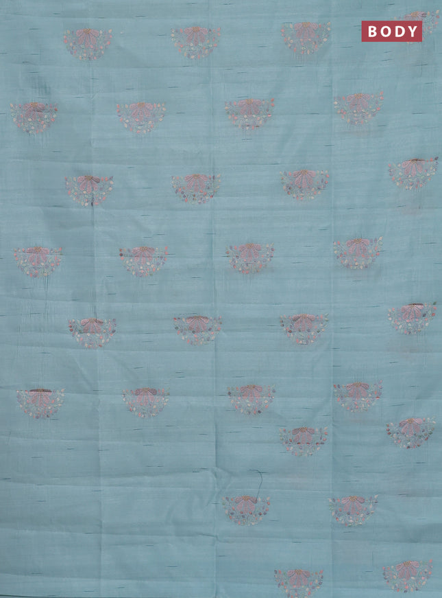 Semi raw silk saree teal blue with embroidery buttas in borderless style