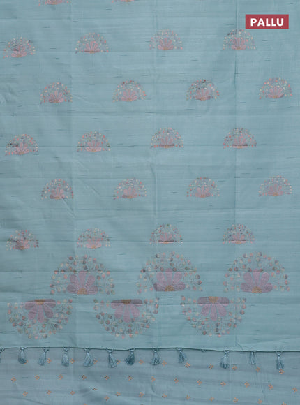Semi raw silk saree teal blue with embroidery buttas in borderless style
