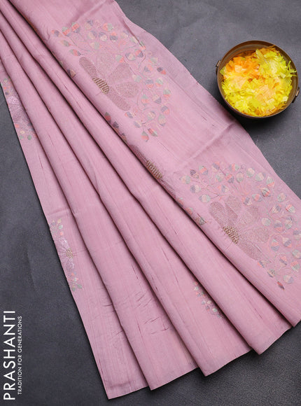 Semi raw silk saree pastel pink with embroidery buttas in borderless style